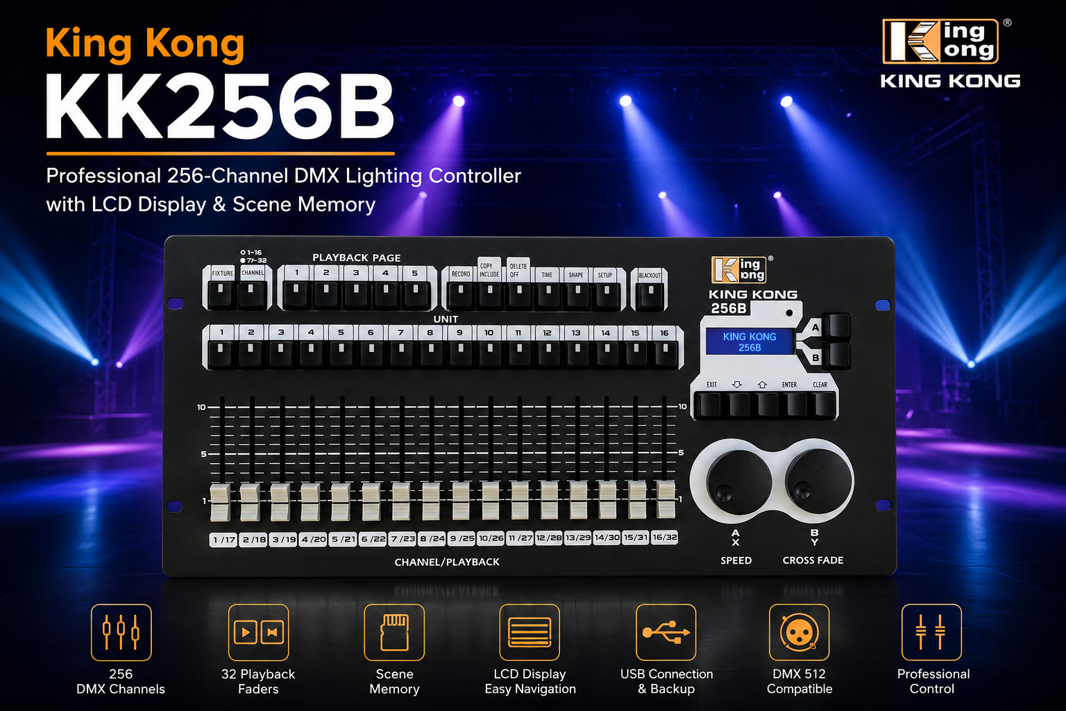 King Kong KK256B – Pengawal Lampu DMX 256 Saluran Profesional dengan Paparan LCD & Memori Adegan
