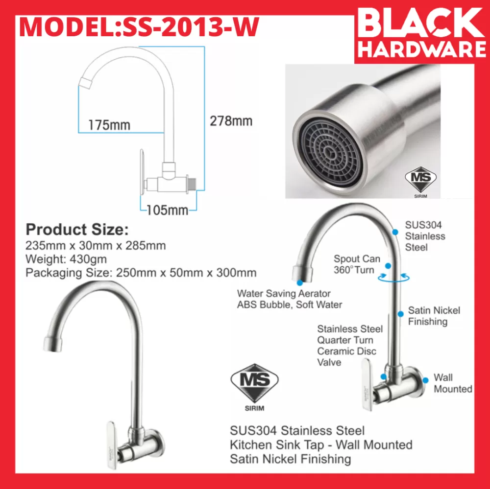 Black Hardware SINOR Kitchen Sink Faucet Pipe Kepala Paip Sinki Dapur Flexible Kitchen Sink Tap Doe Water Tape Water Tap