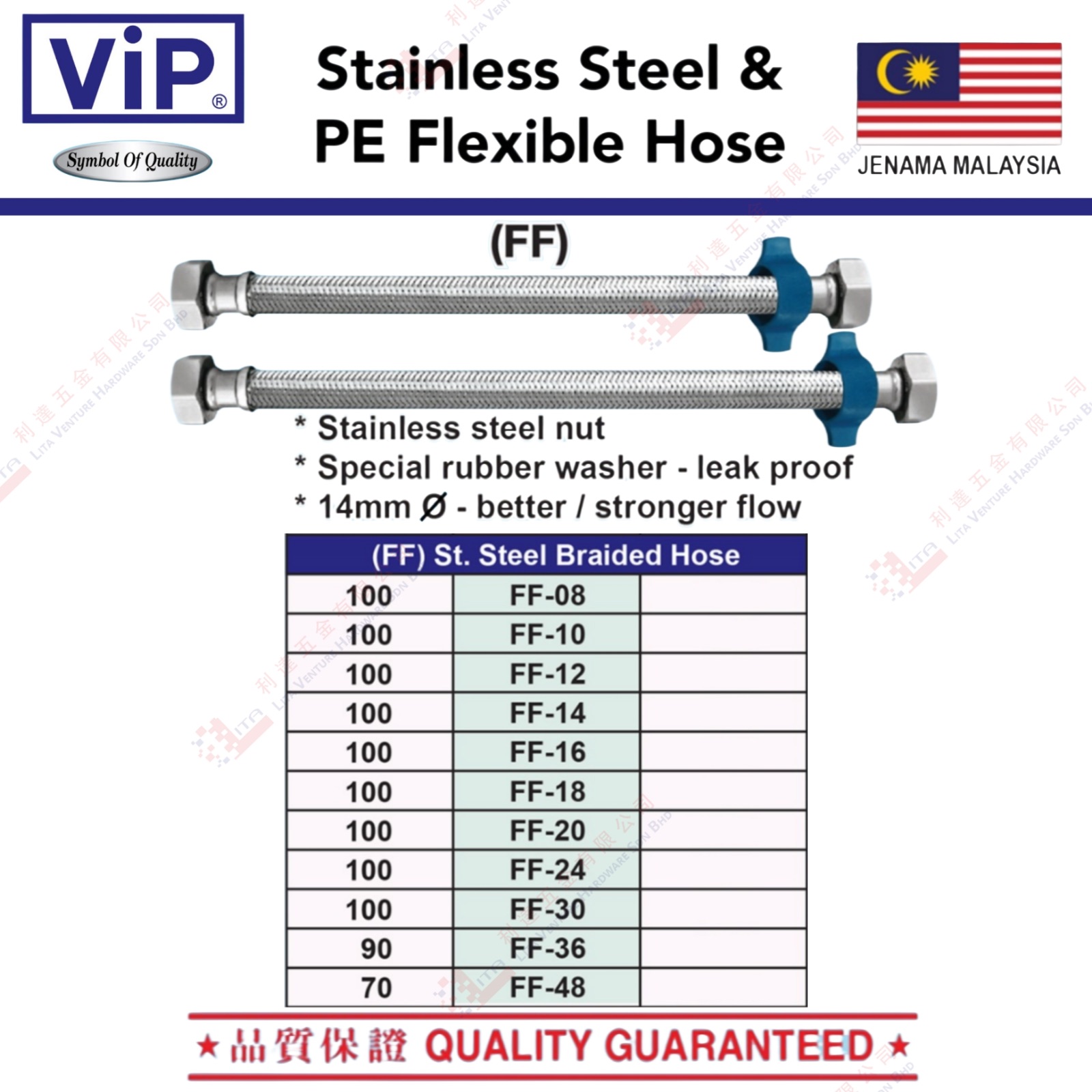 VIP BRAND STAINLESS STEEL & PE FLEXIBLE HOSE - FF08 FF10 FF12 FF14 FF16 FF18 FF20 FF24 FF30 FF36 FF48