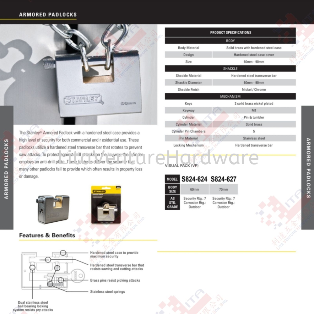 STANLEY BRAND ARMORED PADLOCKS S824624 S824627