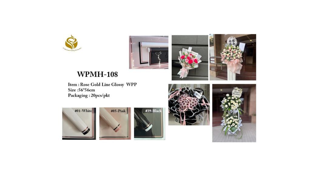 Rose Gold Line Glossy Flower Wrapping Paper - Elegant Metallic Floral Gift Wrap for Weddings & Special Occasions (WPMH-108)