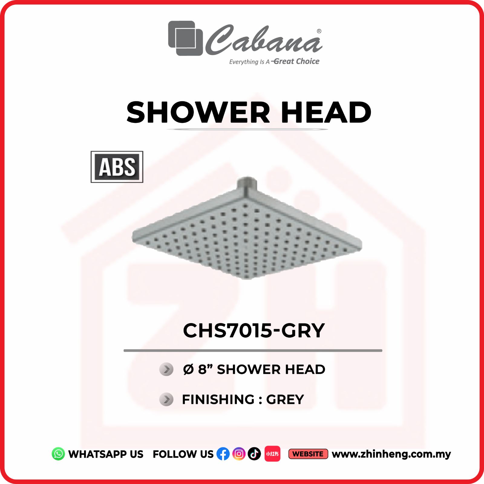 CABANA 8” SQUARE SHOWER HEAD  CSH7015-GRY