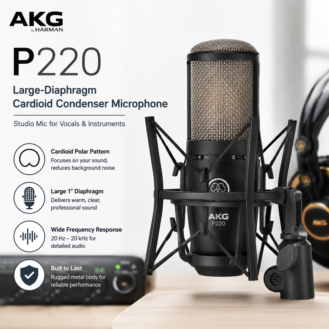 AKG P220 Mikrofon Kondensor Diafragma Besar Cardioid – Mikrofon Studio untuk Vokal & Instrumen