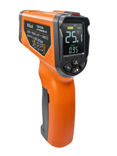 Vici TM750A Max 750℃ Infrared thermometer, 12:1 D:S, Adjustable 0.1 to 1.0 emissivity, High/Low temperature alarm function, Max/Min/Average/Difference.