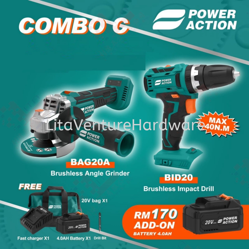 POWER ACTION BAG20A BRUSHLESS ANGLE GRINDER + BID20 BRUSHLESS IMPACT DRILL - COMBO C