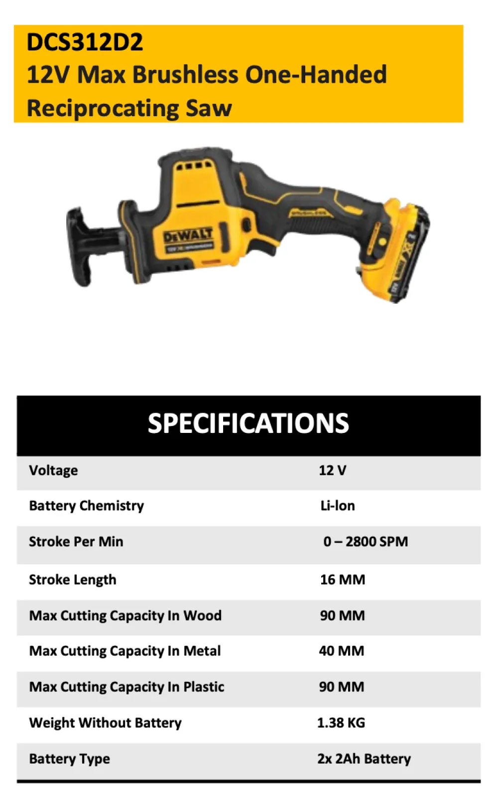 DEWALT DCS312D2 BRUSHLESS RECIPROCATING SAW 12V COME WITH 2PC 2.0AH BATTERY & 1PC CHARGER