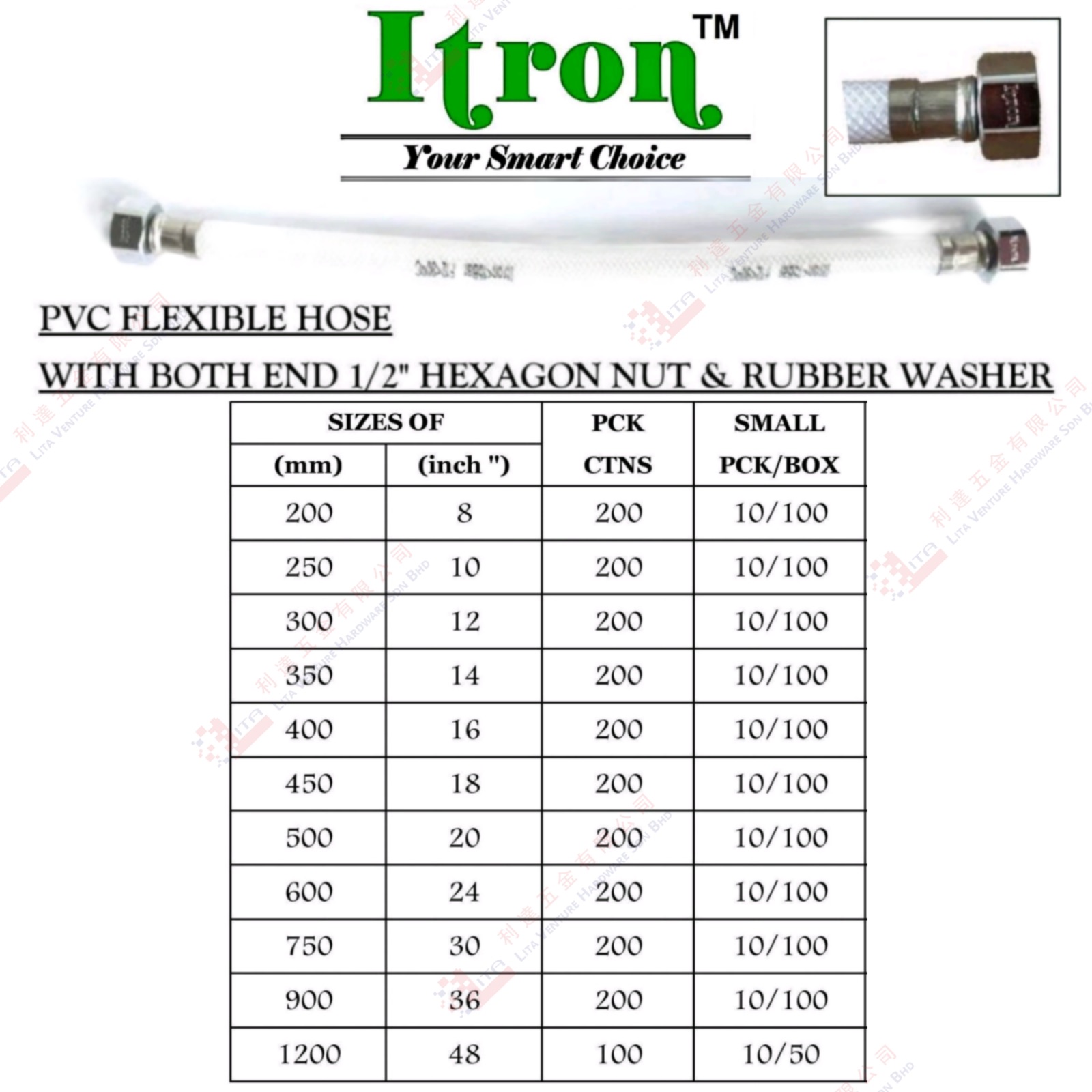 ITRON BRAND PVC FLEXIBLE HOSE WITH BOTH END HEGAGON NUT & RUBBER WASHER