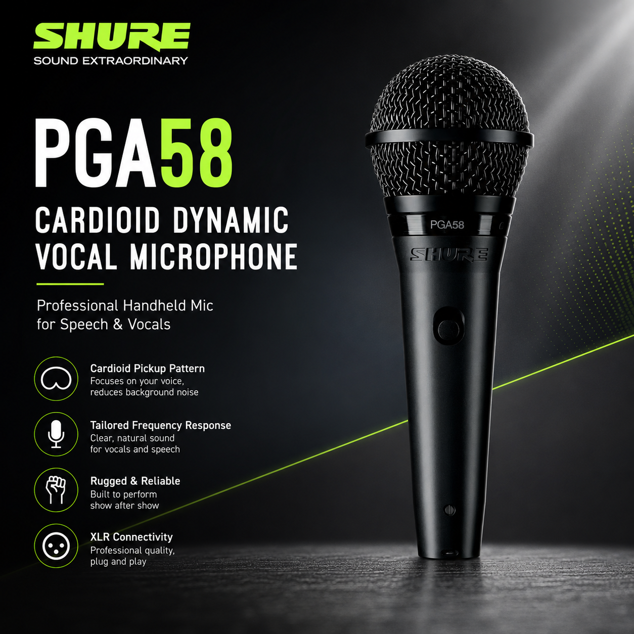 Shure PGA58 Mikrofon Vokal Dinamik Cardioid – Mikrofon Genggam Profesional untuk Ucapan & Vokal