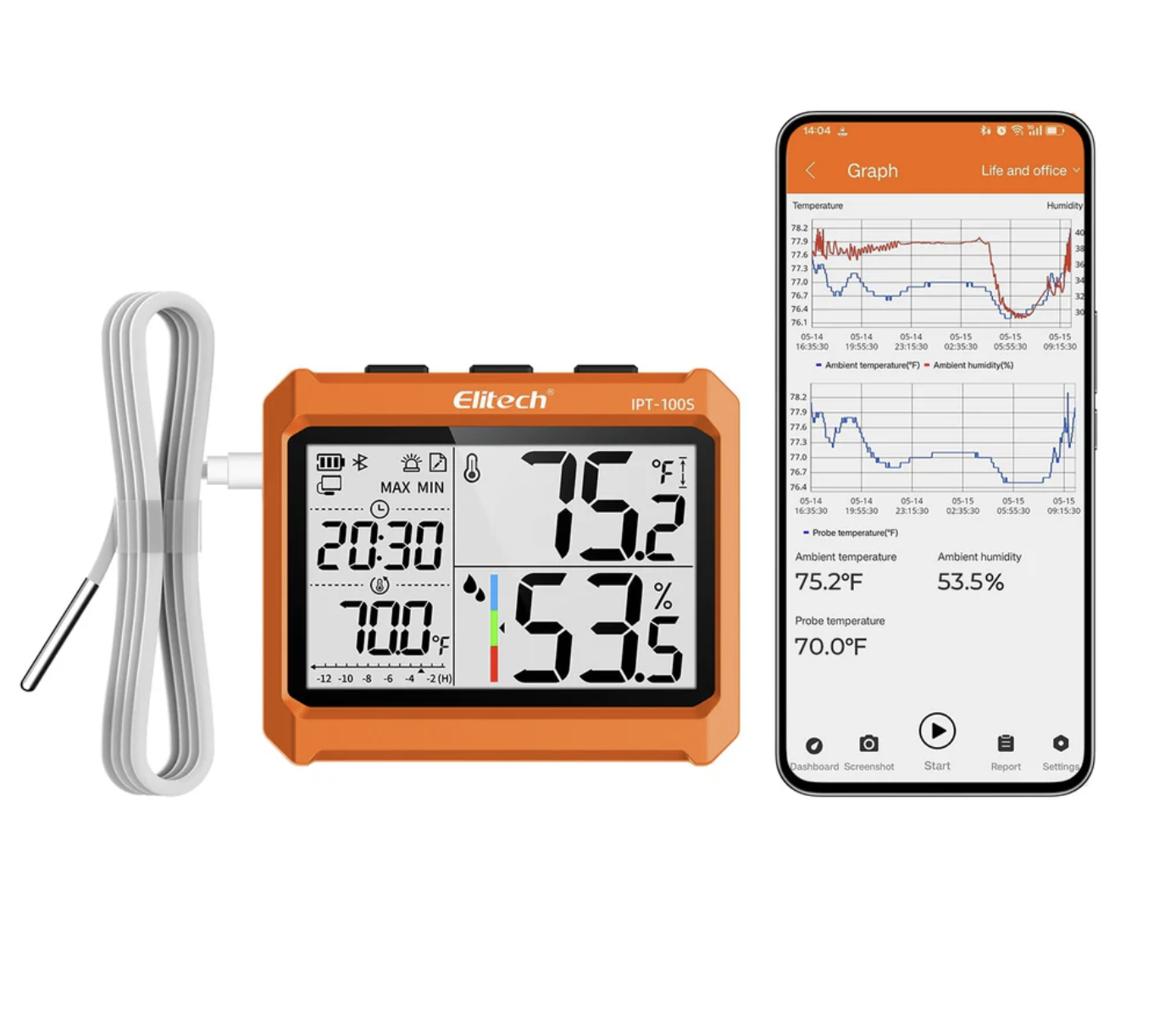 Elitech IPT-100S  Digital Bluetooth Hygrometer Thermometer, Refrigerator Thermometer with Free APP, Real-Time Temperature Humidity Monitor with 4.5" Screen, PDF&CSV