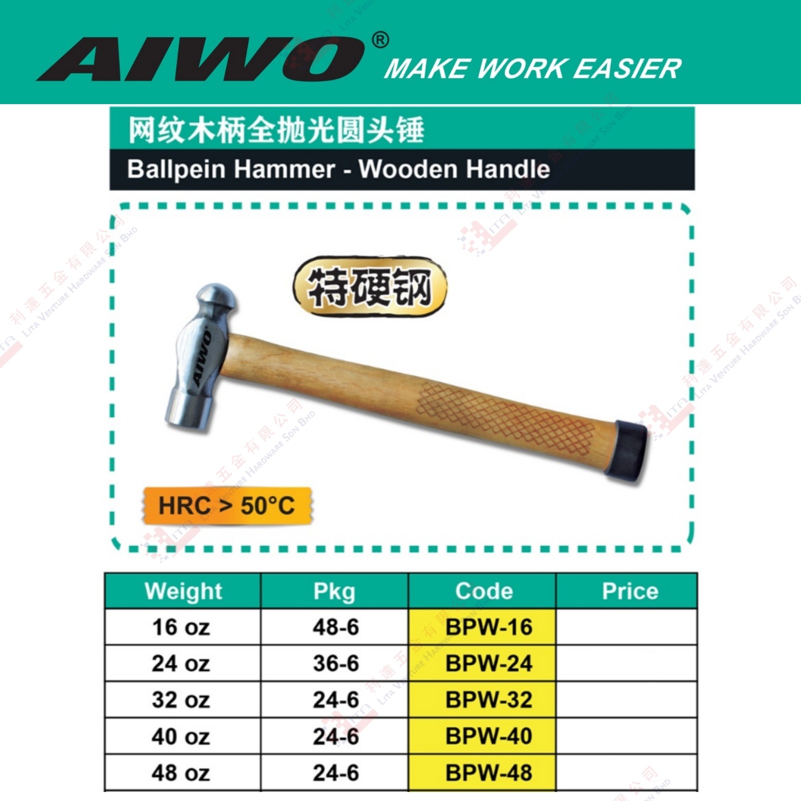 AIWO BRAND BALLPEIN HAMMER - BPW16 BPW24 BPW32 BPW40 BPW48