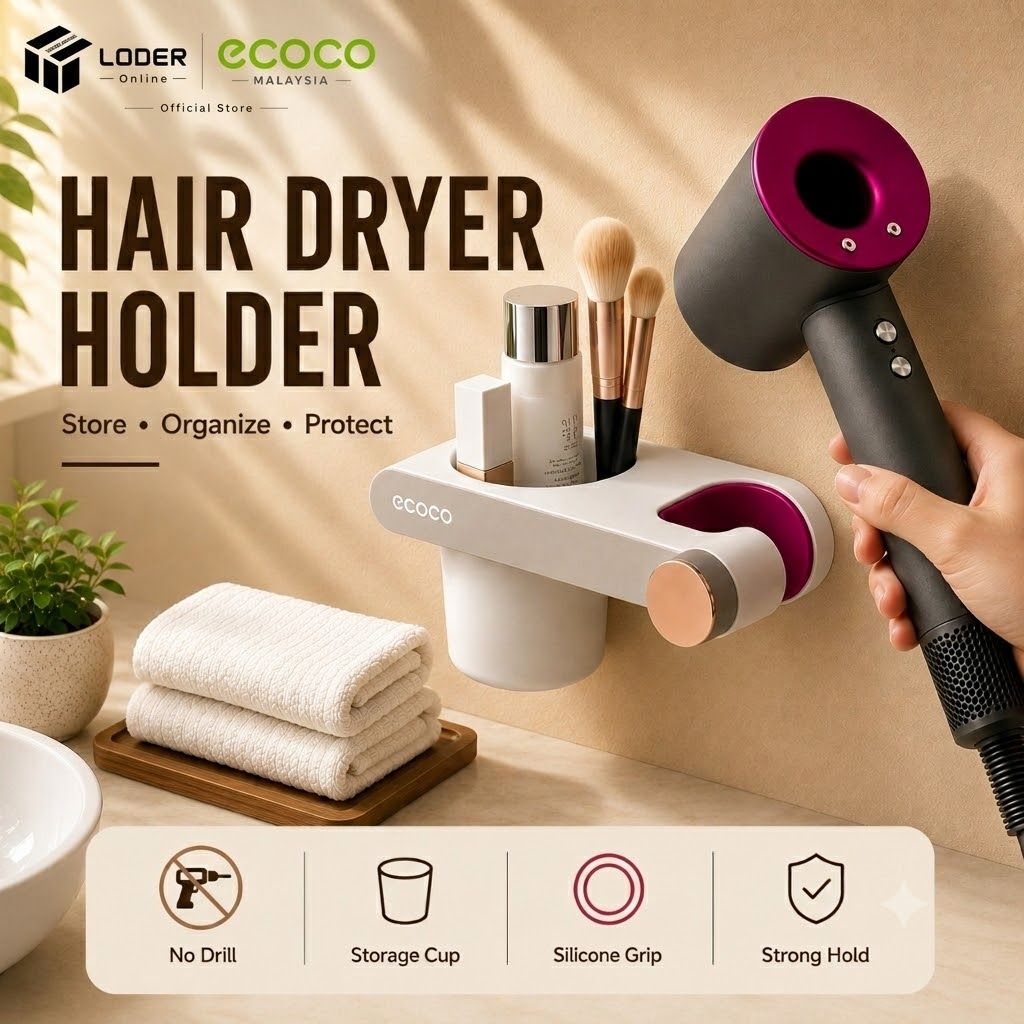 LODER ECOCO Hair Dryer Holder Wall Mounted Hair Dryer Rack Storage Shelf No Drill Bathroom Organizer