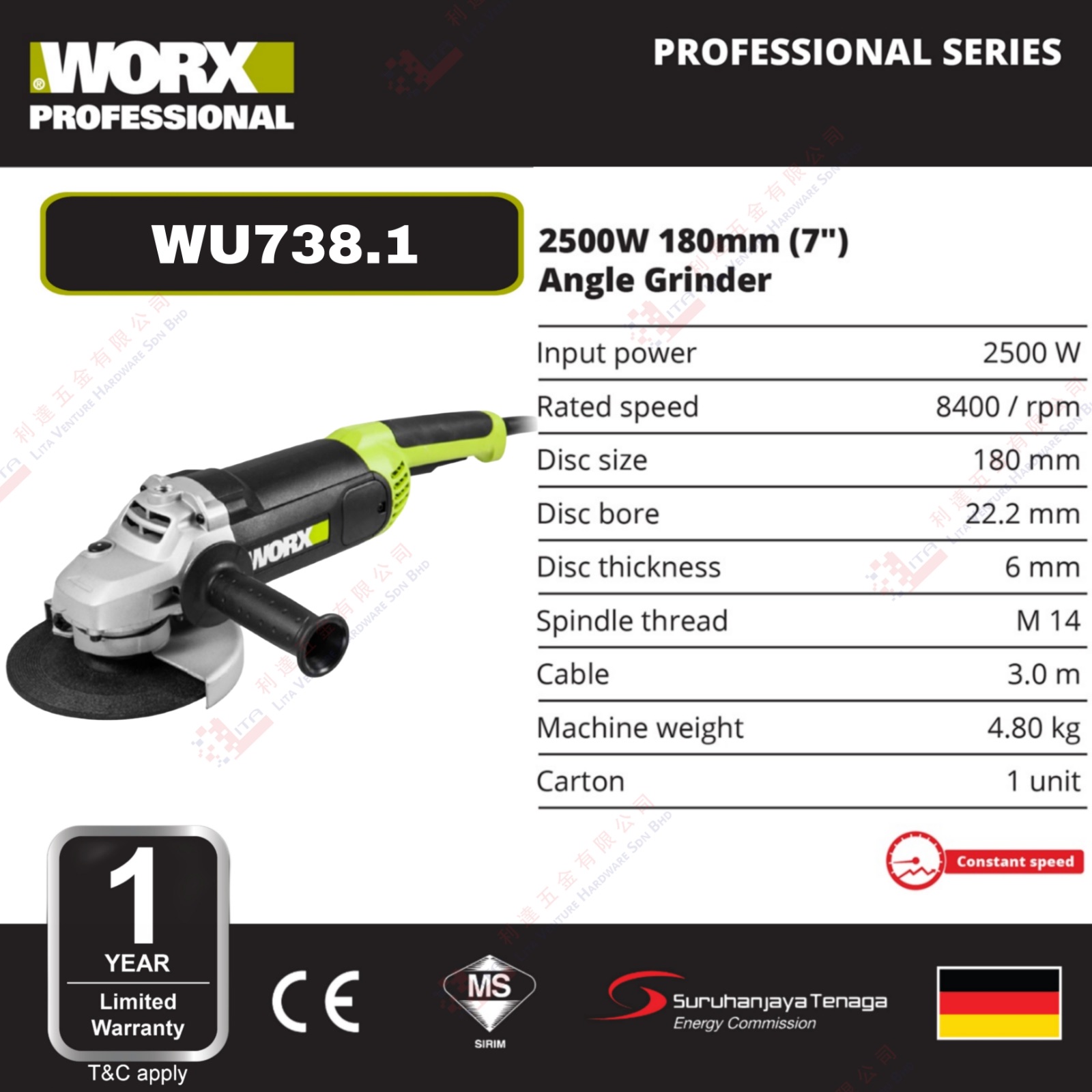 WORX BRAND ANGLE GRINDER - WU738.1