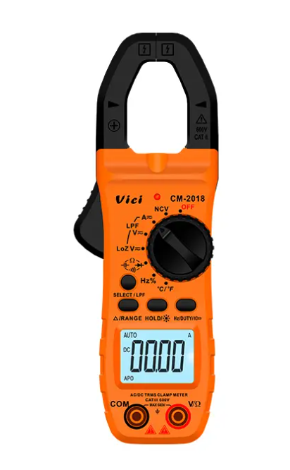 Vici CM-2018 Clamp open 28mm, AC DC Max 800A, LPF, LoZ V, True RMS, NCV (clamp + red test lead), Capacitance, Frequency, Temperature tests, Backlight, Clamp lighting function.