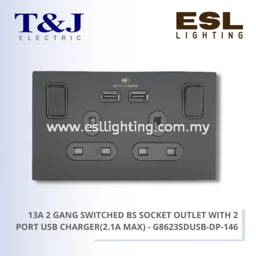 T&J SWITCHES ULTIMATE II SERIES 13A 2 GANG DP SWITCHED BS SOCKET OUTLET WITH 2 PORT USB CHARGER (2.1A Max) - G8623SDUSB-DP-146-BFSS G8623SDUSB-DP-146-BFMR G8623SDUSB-DP-146-BSBL