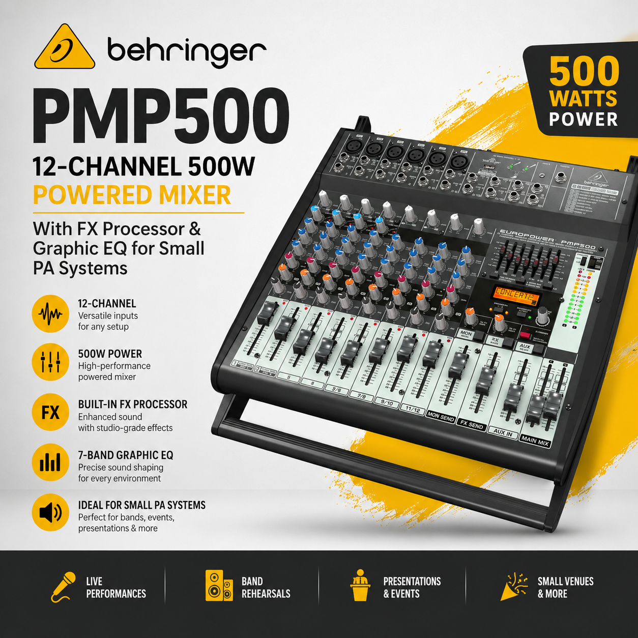 Behringer PMP500 – 12通道500W有源调音台，内置效果器与图示均衡器，适用于小型扩音系统