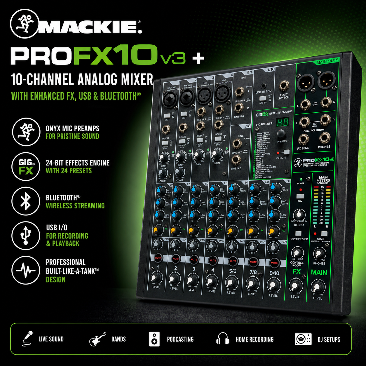 Mackie ProFX10v3+ Pengadun Analog 10 Saluran dengan FX Dipertingkat, USB-C & Bluetooth庐