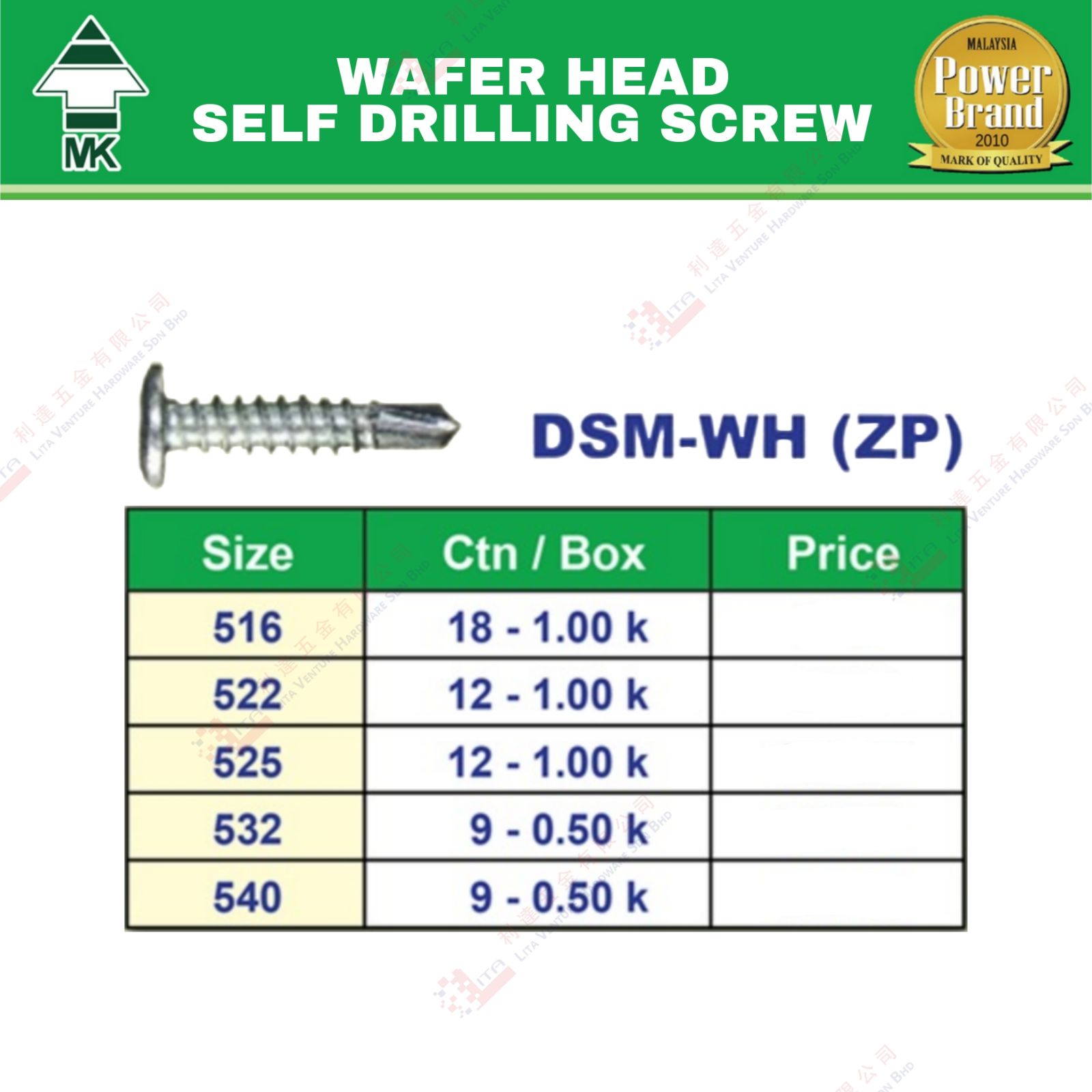 MK BRAND WAFER HEAD SELF GRILLING SCREW - DSMWH(ZP)