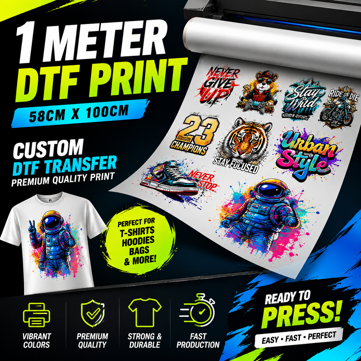 1 Meter DTF Print Malaysia | 58cm × 100cm Custom DTF Transfer Sheet