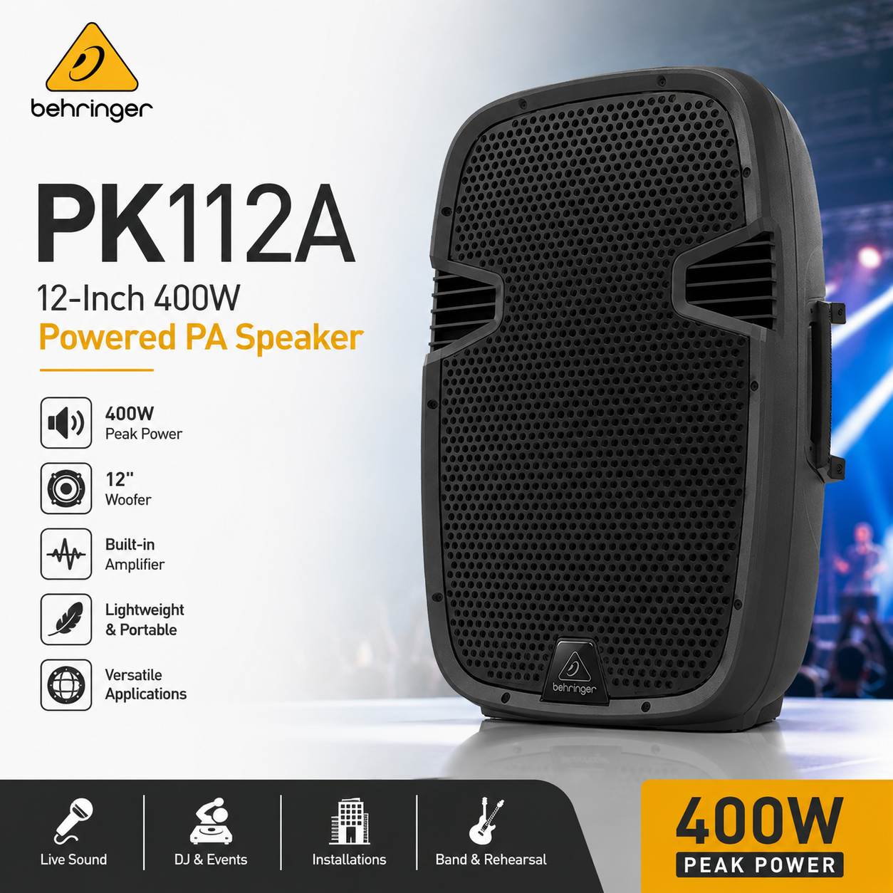 Behringer PK112A – 12英寸400W有源PA音箱，配备蓝牙与内置混音器