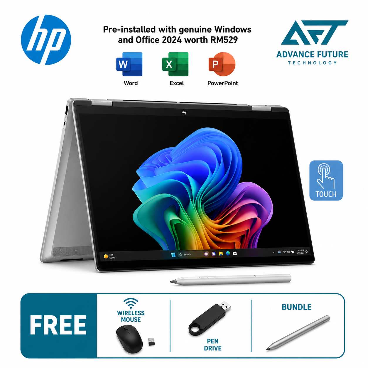 HP OmniBook X Flip 14-fk0101AU 14'' 2K AI Touch 2-In-1 Laptop Meteor Silver ( AMD Ryzen AI 5 340, 16GB, 512GB SSD, ATI, W11, H&S 2024&M365 )