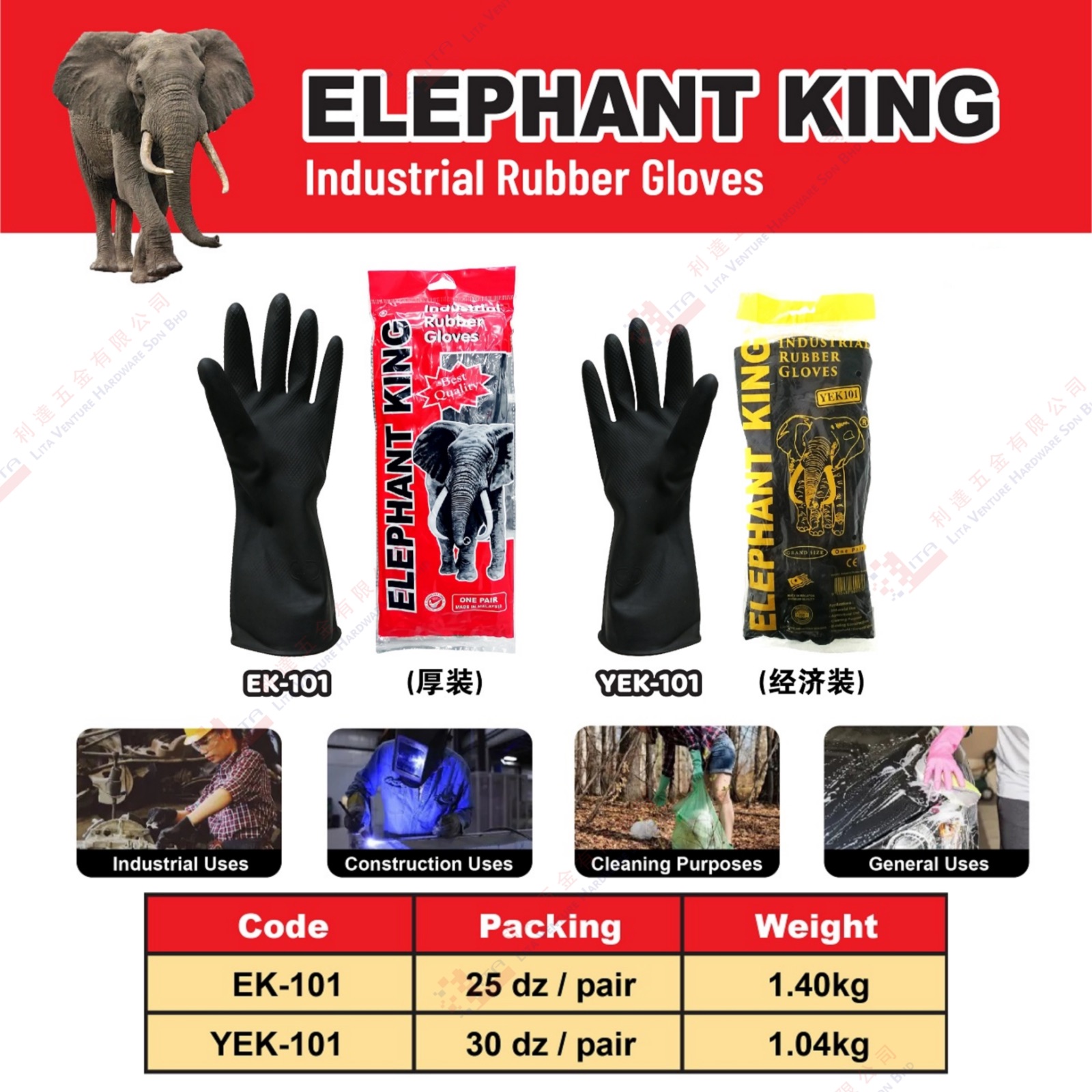ELEPHANT KING BRAND INDUSTRIAL RUBBER GLOVES - EK101 YEK101