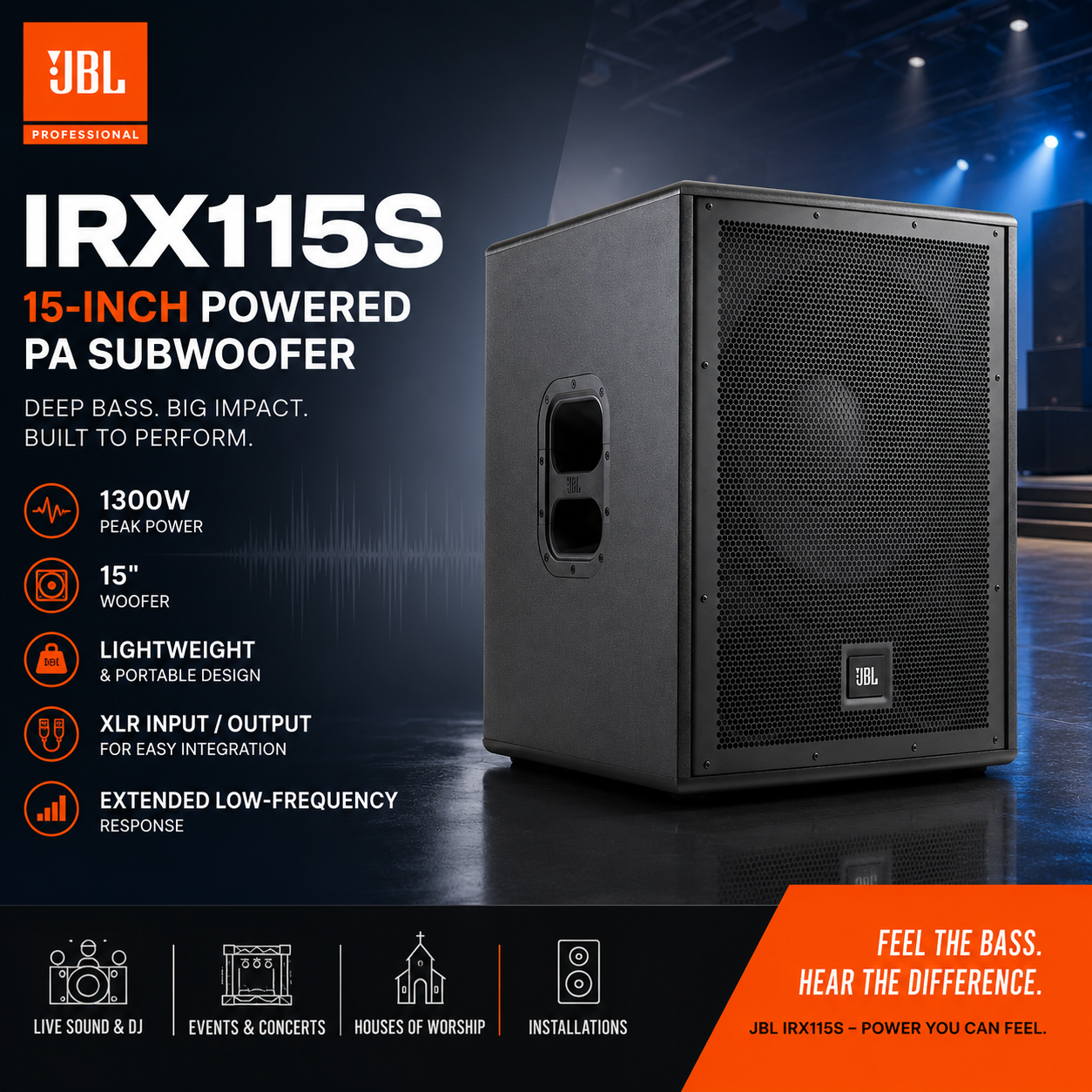 JBL IRX115S 15-Inch Powered PA Subwoofer with 1300W Peak Power, Deep Bass & Lightweight Portable Design