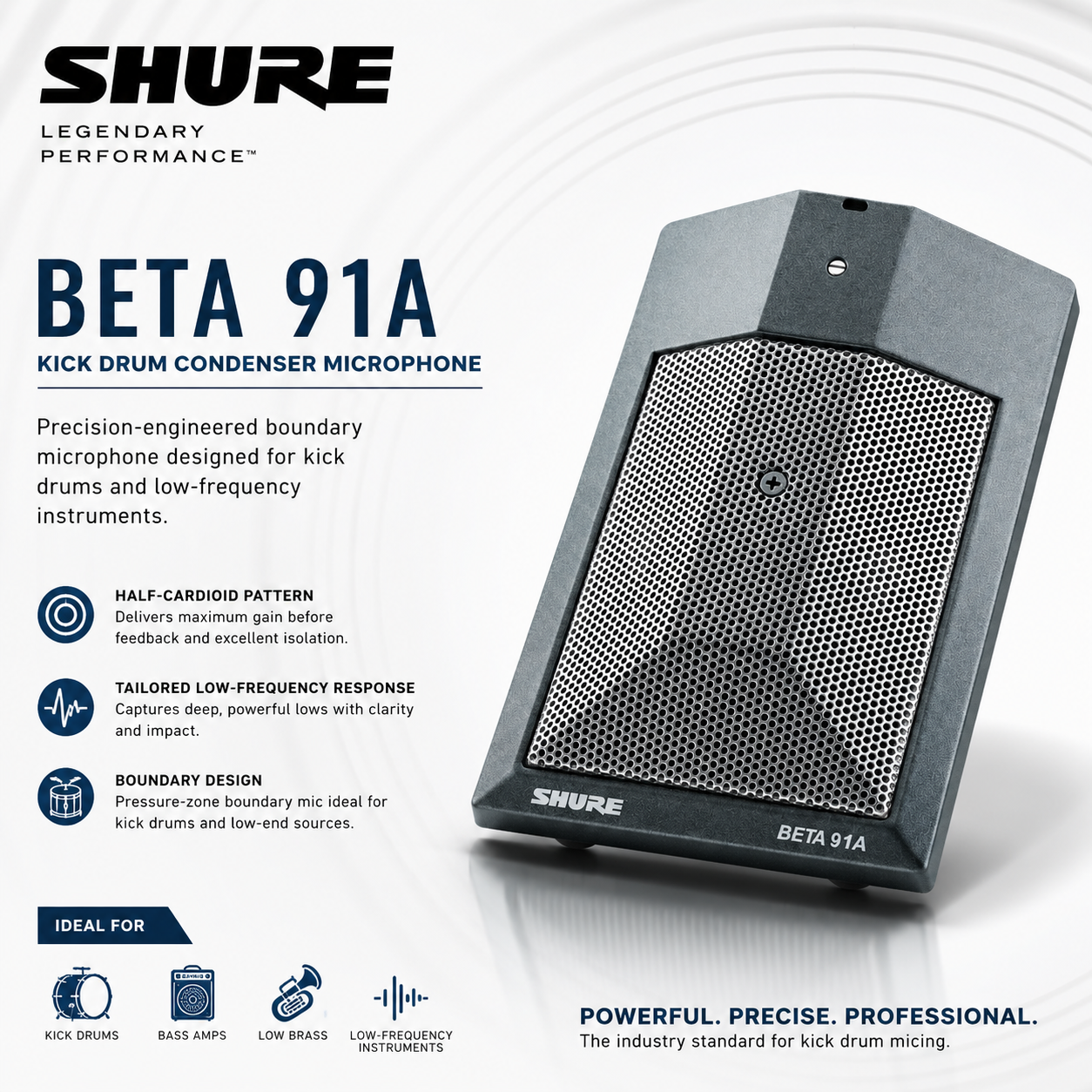 Shure BETA91A 大鼓电容麦克风 – 高性能半心形驻极体低频乐器拾音麦克风