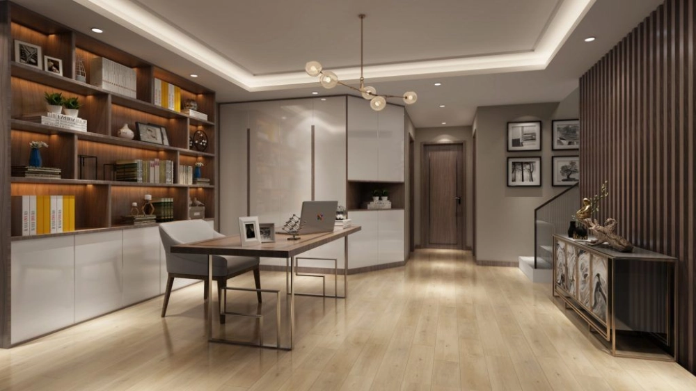 Modern Malaysian living room with SPC flooring and wood-look interior finishes.