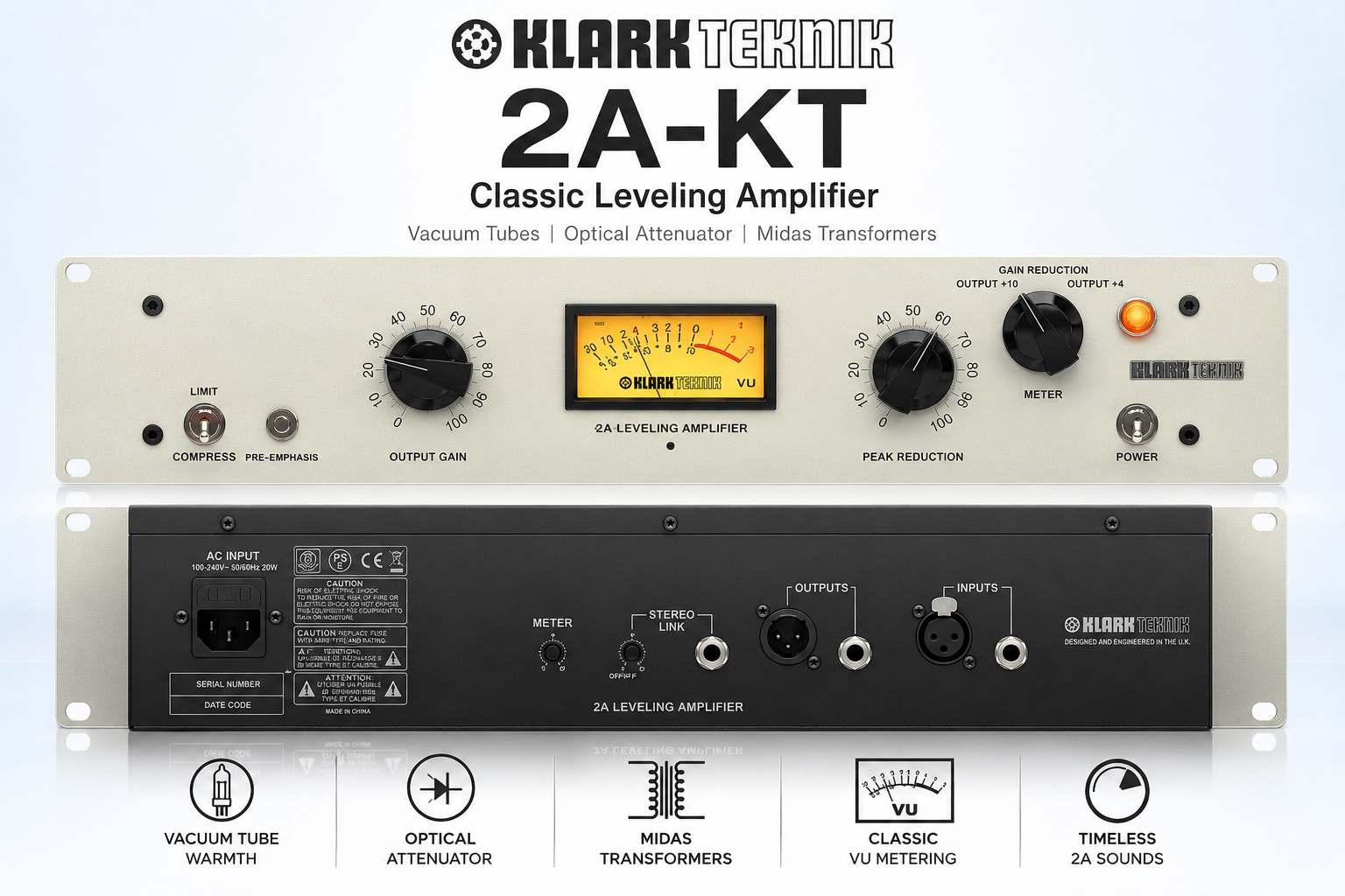 Klark Teknik 2A-KT – 经典电平放大器，配备真空管、光学衰减器及 Midas 变压器