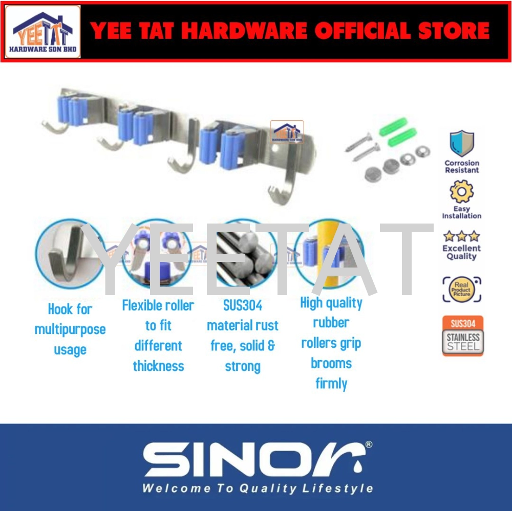 [ SINOR ] BF-9011-3 3-Slot SUS304 Stainless Steel Wall-Mounted Broom Holder And 4 Hook Organizer Rack