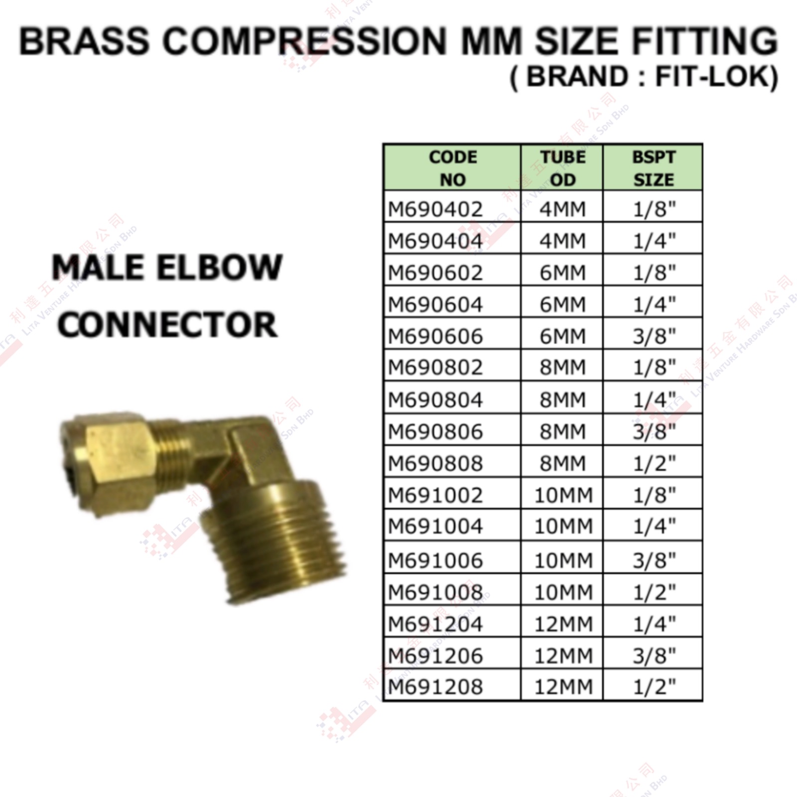 COMPRESSION MALE ELBOW CONNECTOR MM  - M690402 M690404 M690602 ...M691208
