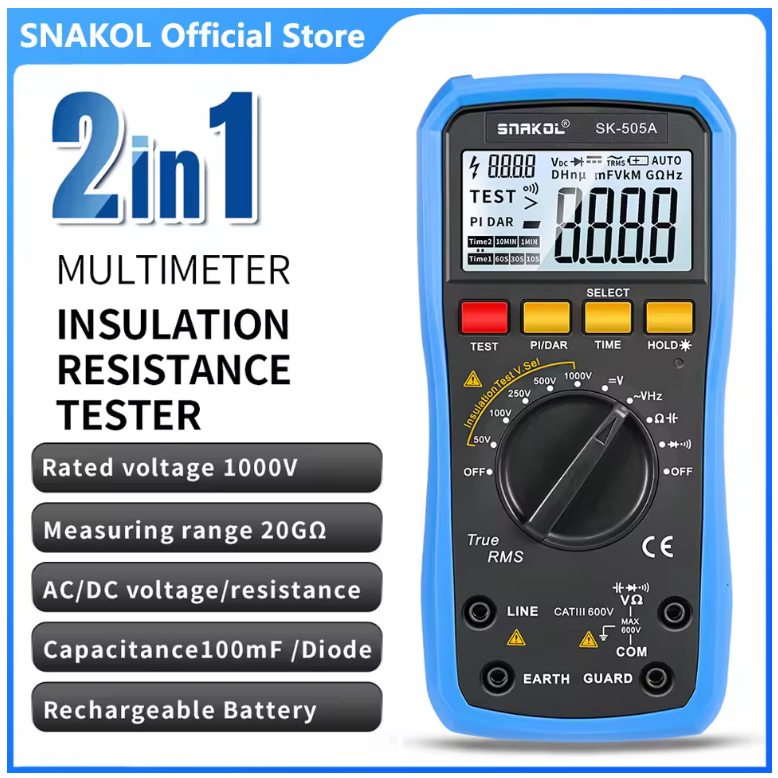 Snakol SK-505A 2in1 Insulation Resistance Tester 1000V Megohmmeter Professional Digital Multimeter Voltmeter Ohm Electrical Tool