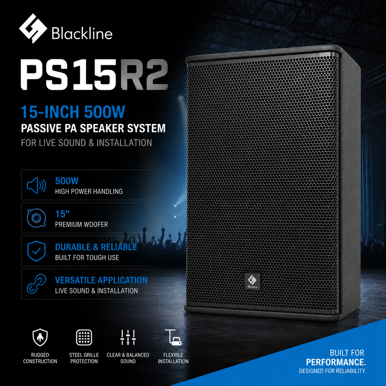 Blackline PS15R2 – Sistem Pembesar Suara PA Pasif 15-Inci 500W untuk Bunyi Langsung & Pemasangan