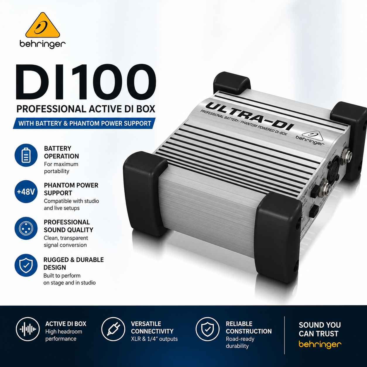 Behringer DI100 – Professional Active DI Box with Battery & Phantom Power Support