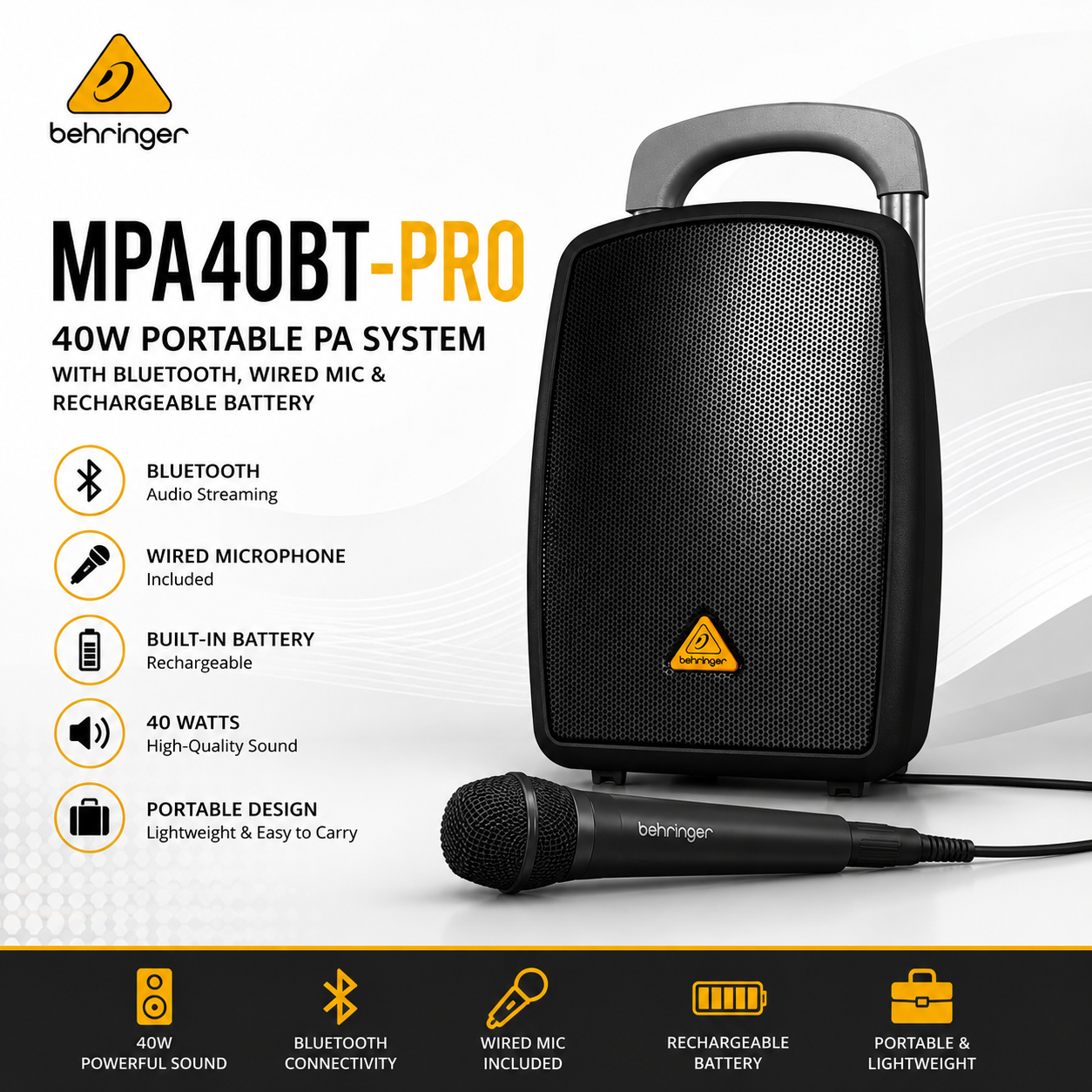 Behringer MPA40BT-PRO – 40瓦便携式蓝牙扩音系统，内置无线麦克风接收器与可充电电池