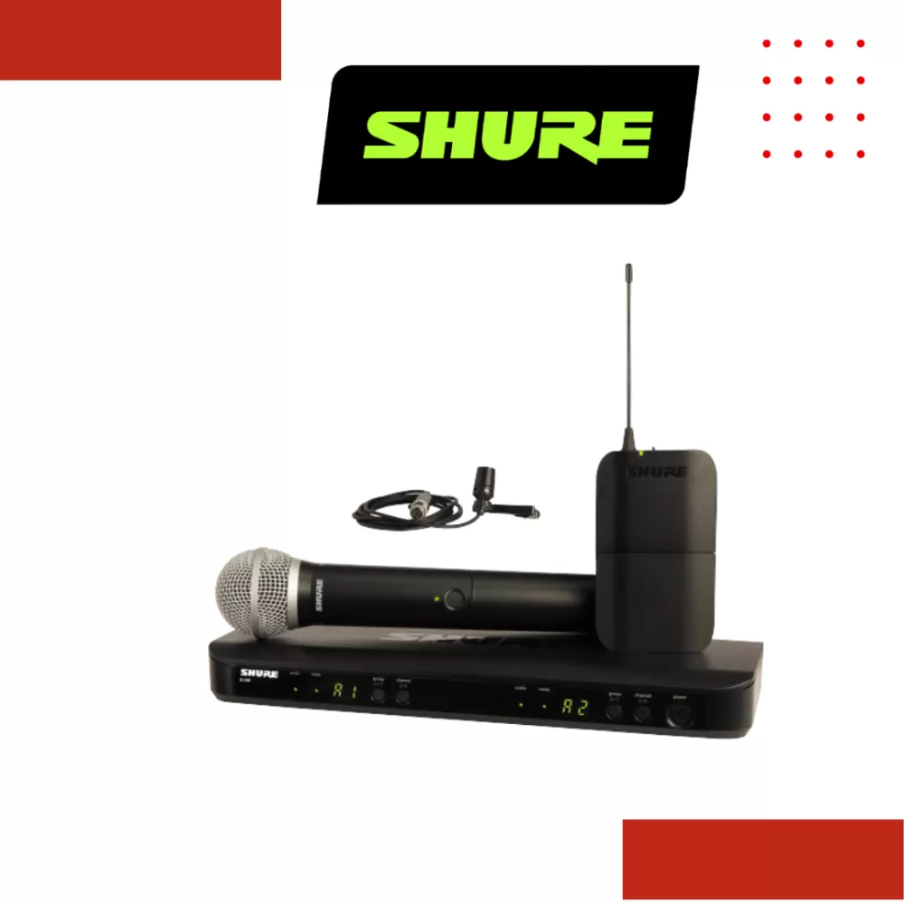 Shure BLX1288/CVL Dual Channel Combo Wireless System, BLX88 Receiver, BLX1 Bodypack Transmitter, BLX2/PG58 Handheld Cardioid Dynamic Mic & CVL Cardioid Condenser Lavalier Mic