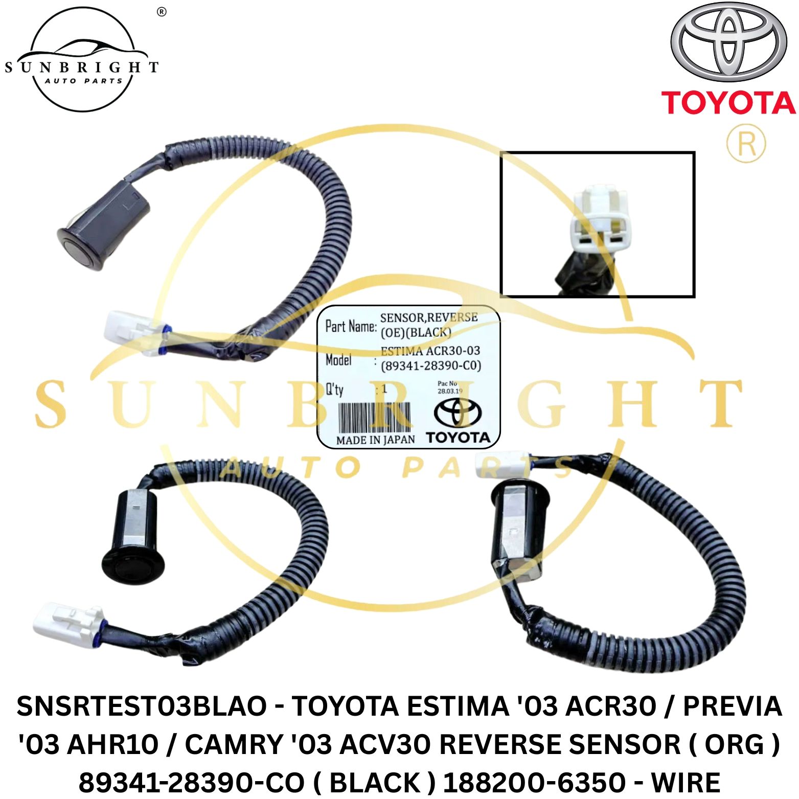 SNSRTEST03BLAO - TOYOTA ESTIMA '03 ACR30 / PREVIA '03 AHR10 / CAMRY '03 ACV30 REVERSE SENSOR ( ORG ) 89341-28390-CO ( BLACK ) 188200-6350 - WIRE