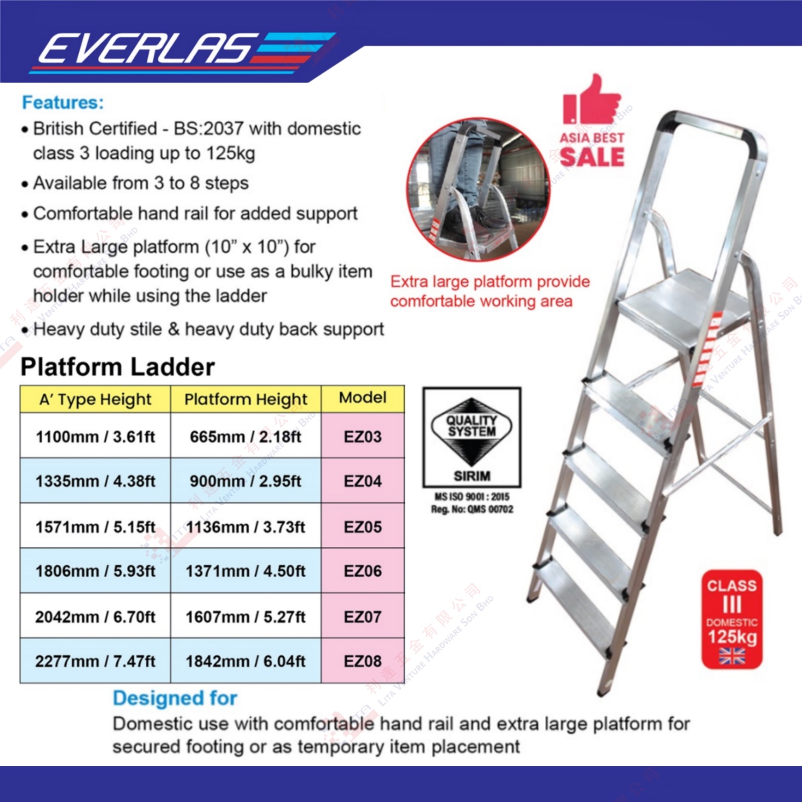 EVERLAS BRAND HEAVY DUTY BACK SOPPORT LADDER - EZ03 EZ04 EZ05 EZ06 EZ07 EZ08