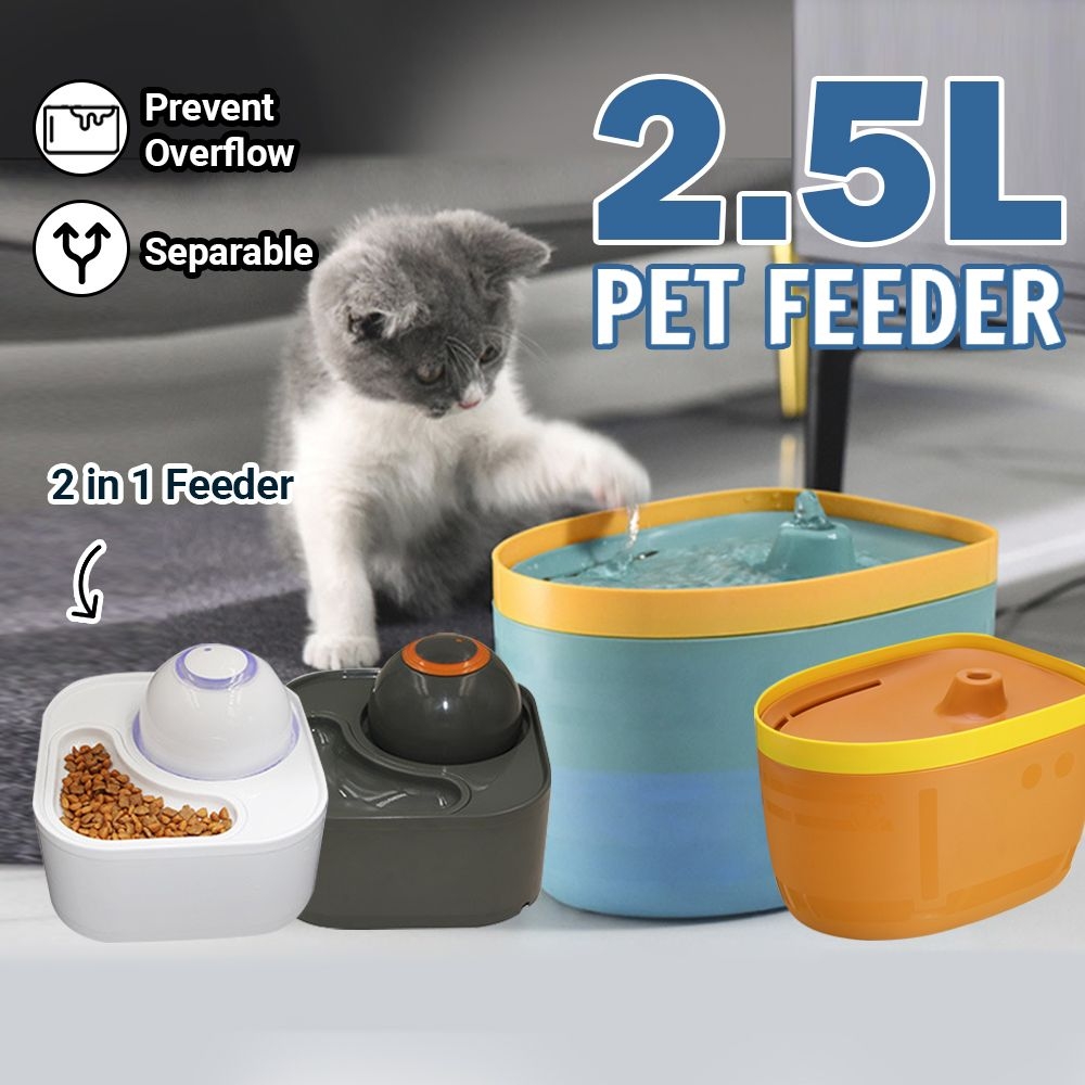 2.5L 2 in 1 Automatic Cat Dog Ultra-Quiet Pet Water Feeder Fountain Dispenser Burnout Prevention Pump Food Tray