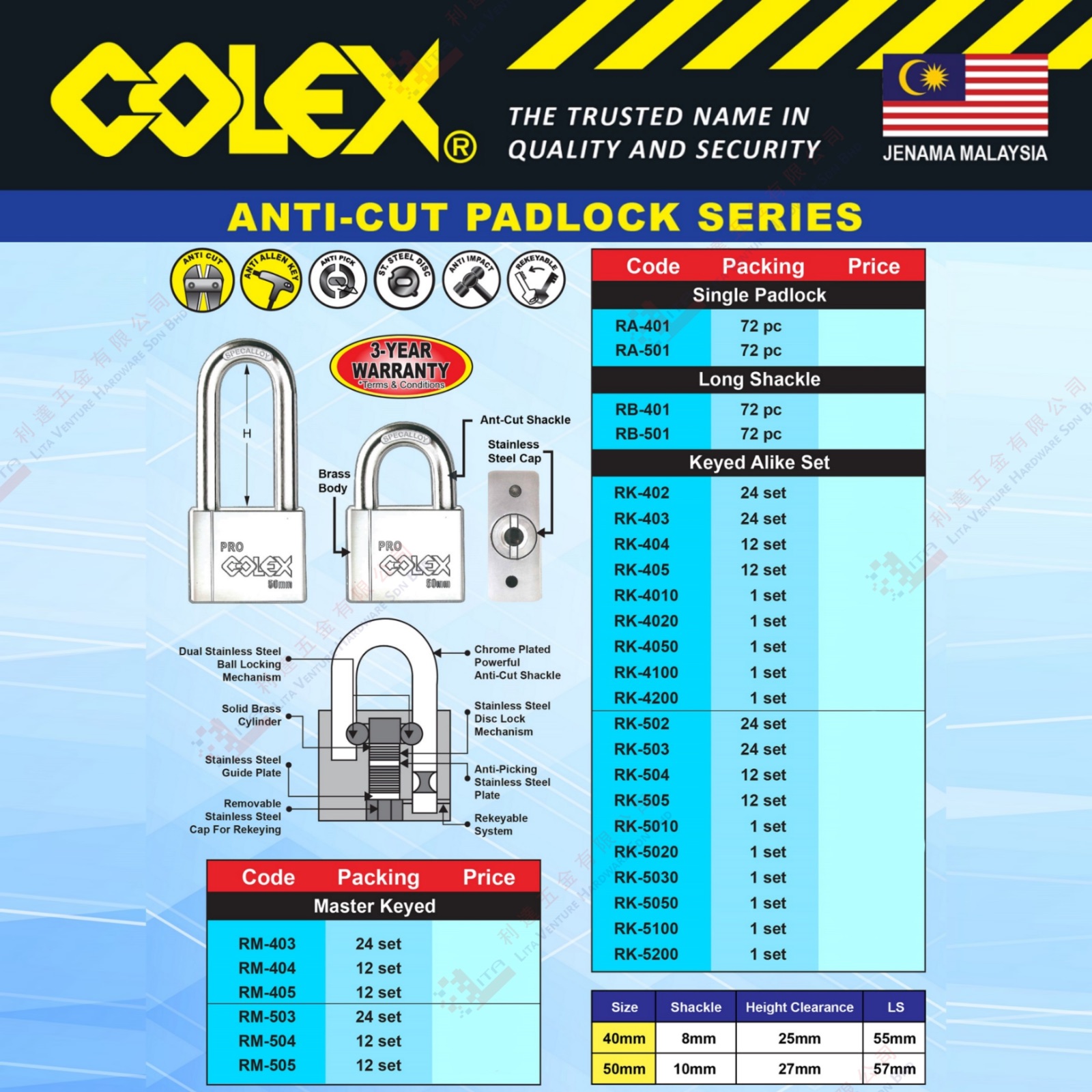COLEX BRAND ANTI CUT PADLOCK SERIES -  RM403 RM404 RM405 RM503-505 RA401 RA501 RB401 RB501 RK402-RK4200 RK502-RK5200