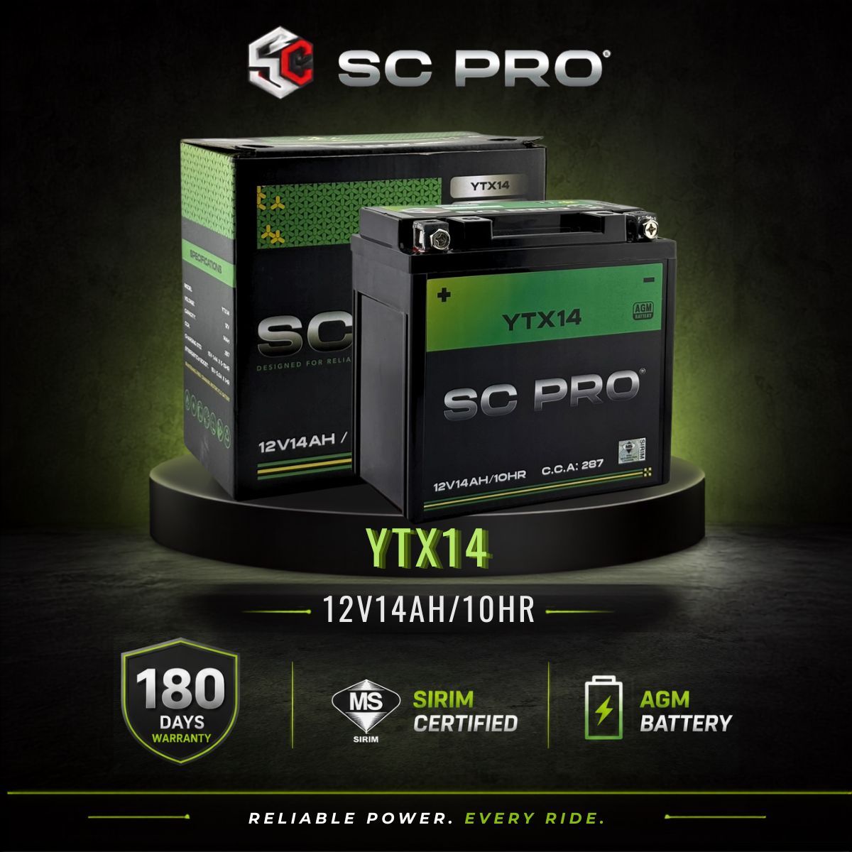 YTX14-BS SC PRO - BATERI CBR 1000xx/Shadow/XRV 750/NV750/ RX350/ST1100/TRX 850/Vulcan VN800/ Harley Davidson XLH Sportster/ Triumph TIGER 800/Kawasaki ZX-12R / Ninja XR14