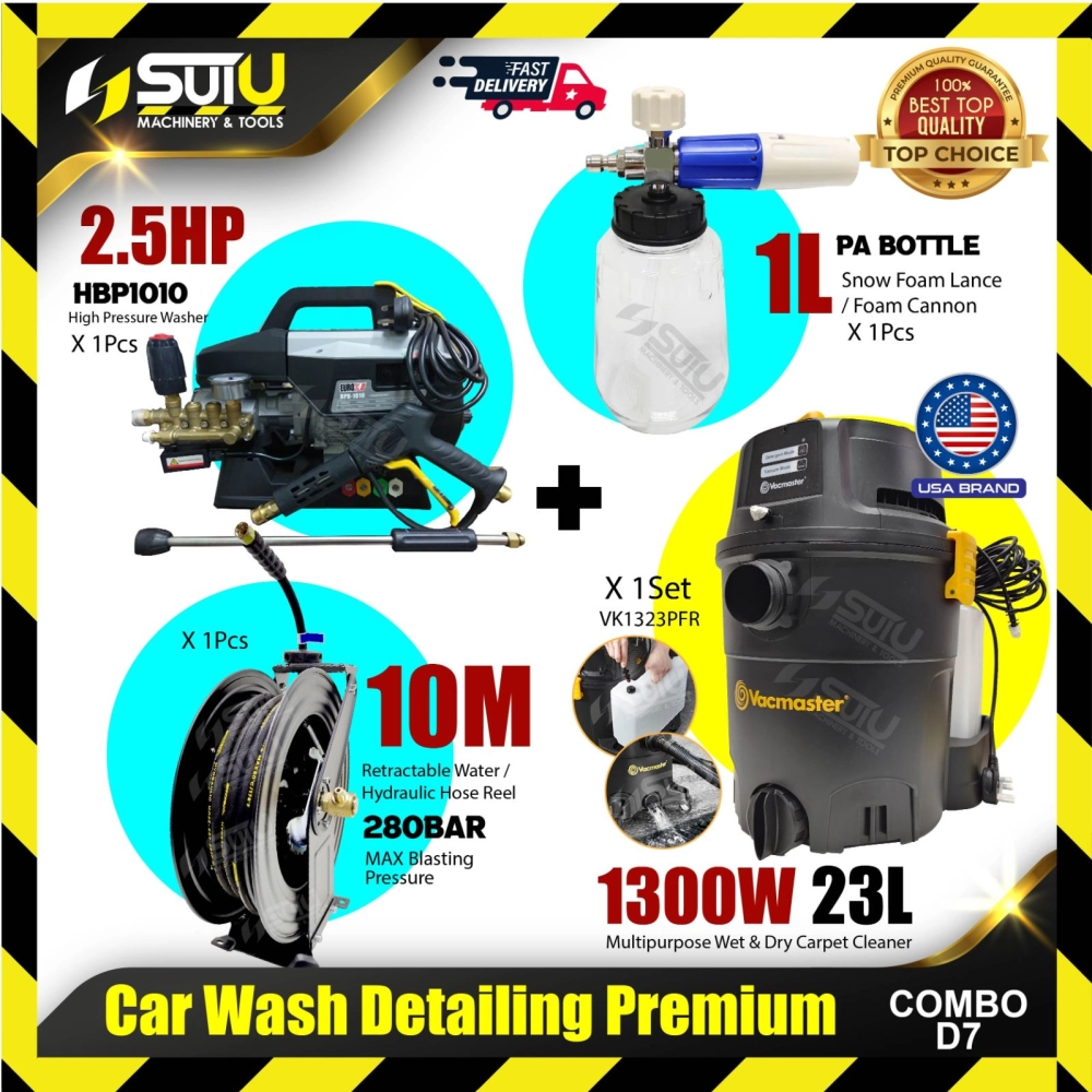 [COMBO D7] Car Wash Detailing Premium Combo (HBP1010 + 1L Foam Cannon + 10M Retractable Hose Reel + VK1323PFR Carpet Cleaner)