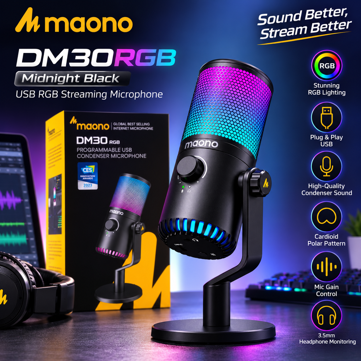 Maono DM30RGB Midnight Black – USB RGB Streaming Microphone