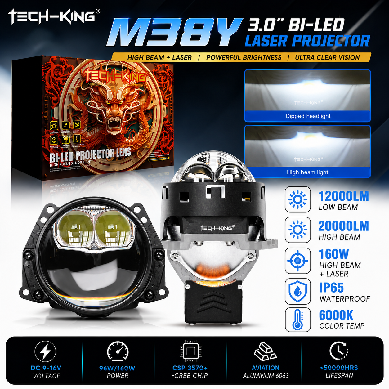 TECH KING M38Y 3.0 Inch Bi LED Dual Laser Projector Headlight (160W)