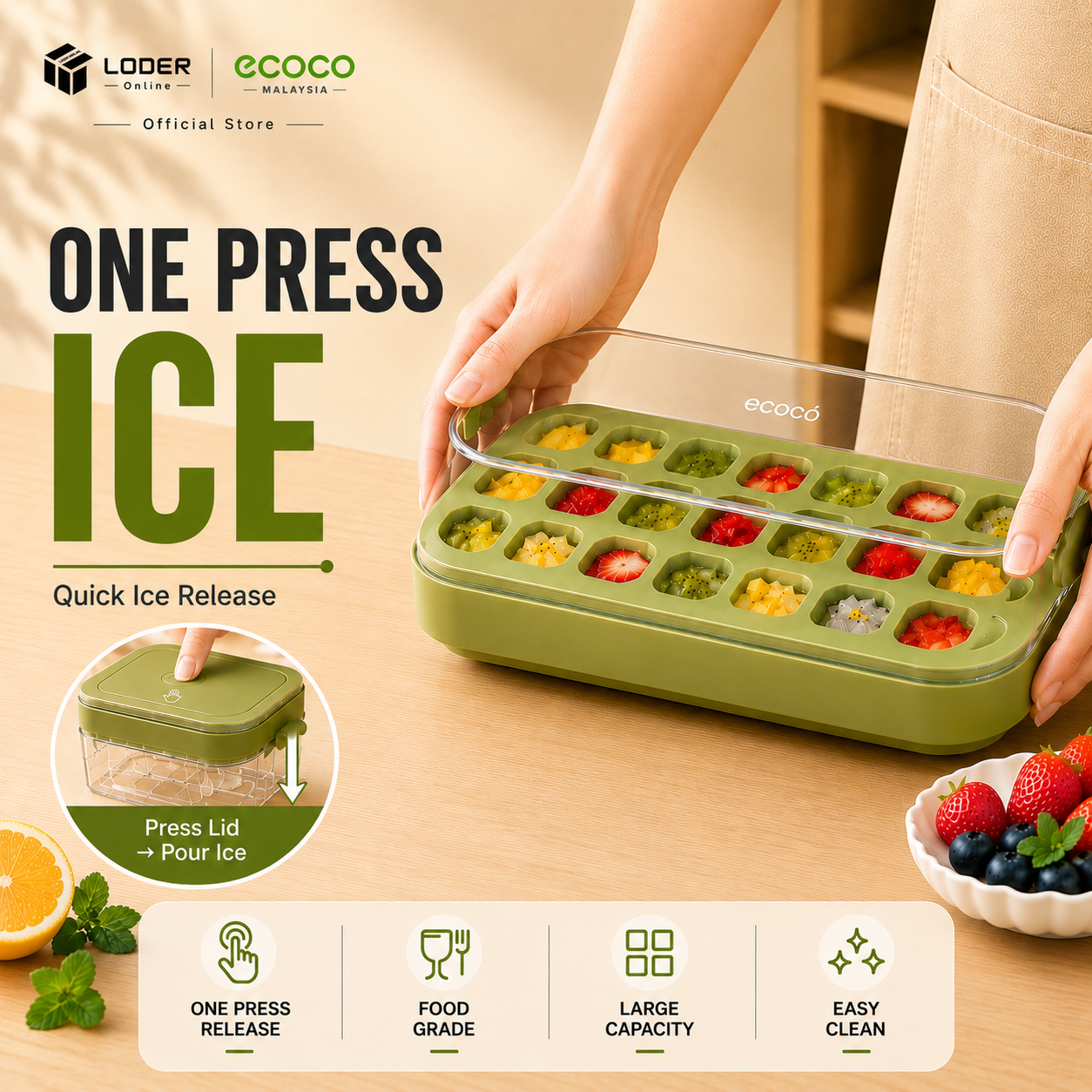 LODER ECOCO One Press Ice Tray Quick Release Ice Cube Maker Ice Box with Lid Food Grade Ice Mold
