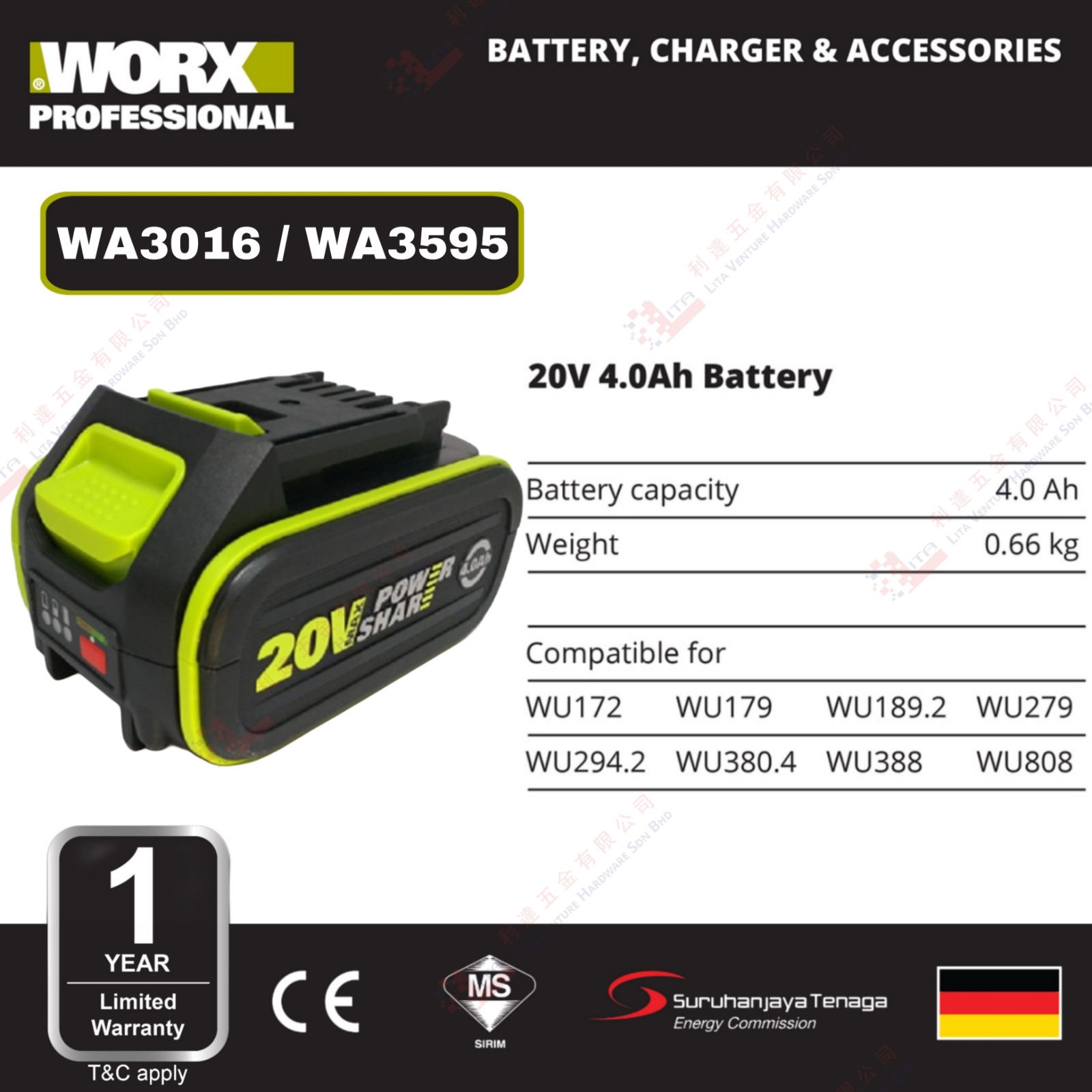 WORX BRAND 20V 4.0AH BATTERY - WA3016 WA3595