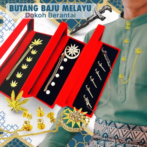 Elegant Brooch Exclusive Raya 2024 Butang Baju Melayu Berantai Set FREE Kotak Baldu