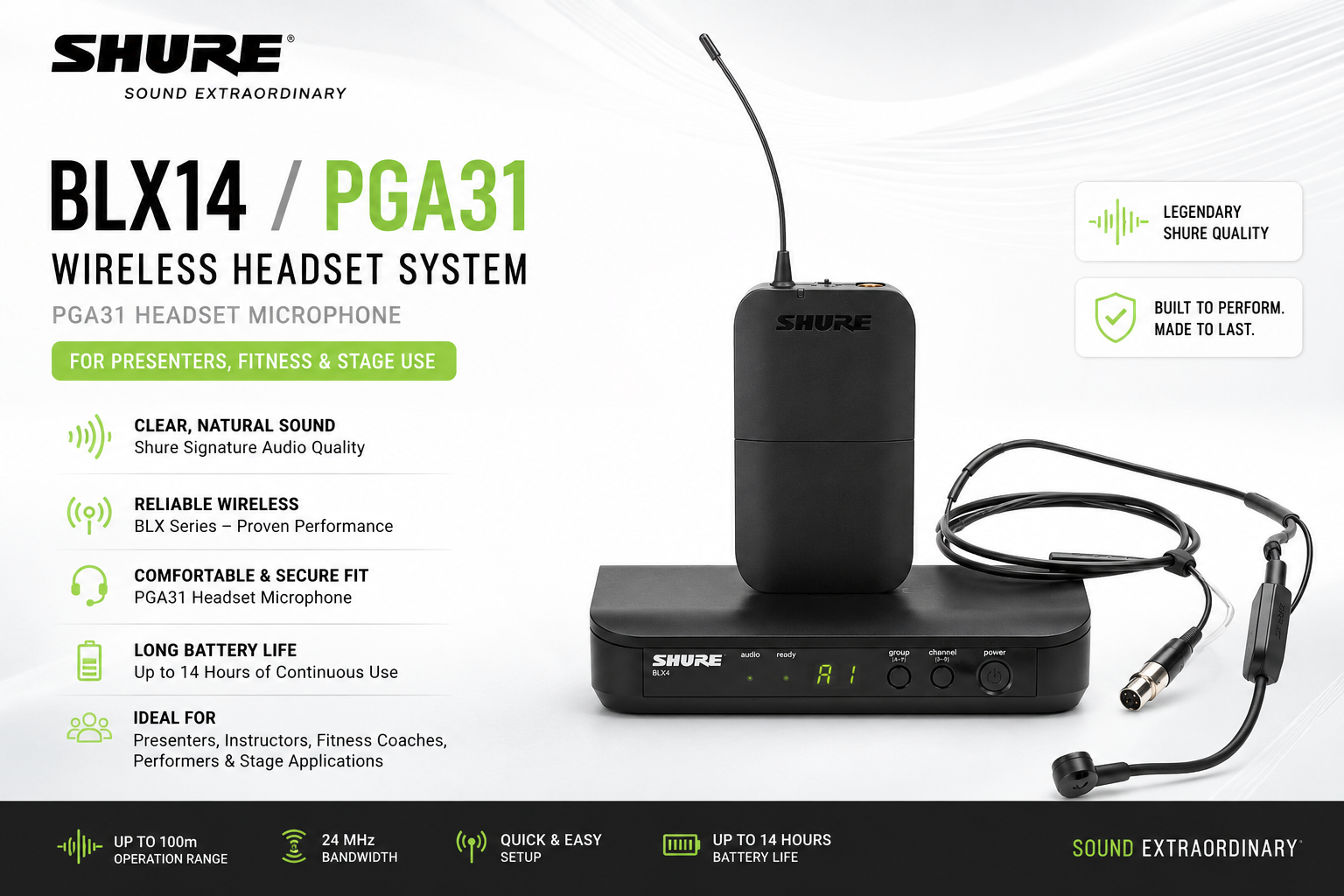 舒尔 Shure BLX14/PGA31 无线头戴系统 – 配备 PGA31 头戴麦克风 适用于演讲、健身与舞台表演