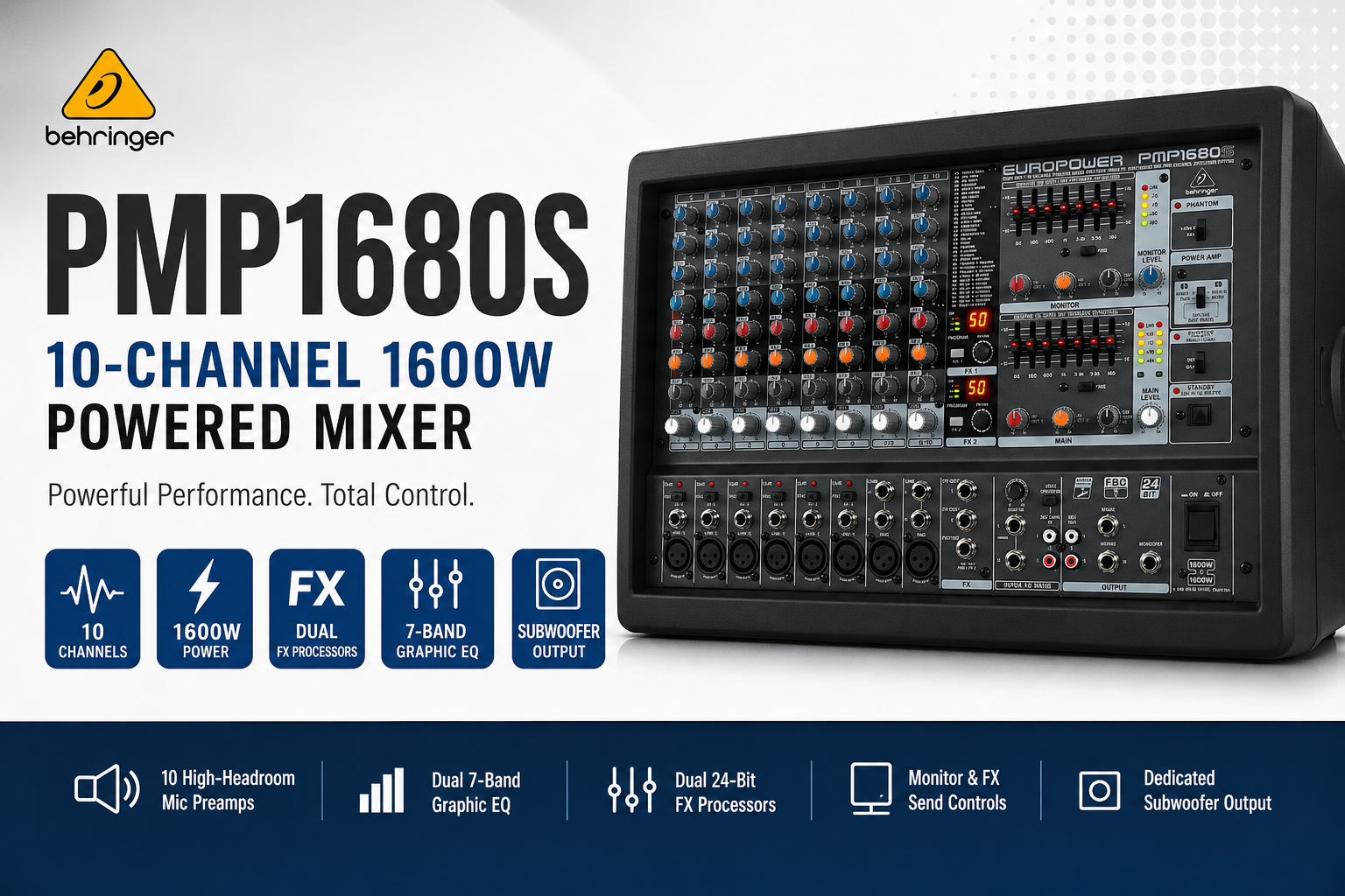 Behringer PMP1680S – Mixer Berkuasa 10-Saluran 1600W dengan FX Berkembar, EQ Grafik & Output Subwoofer