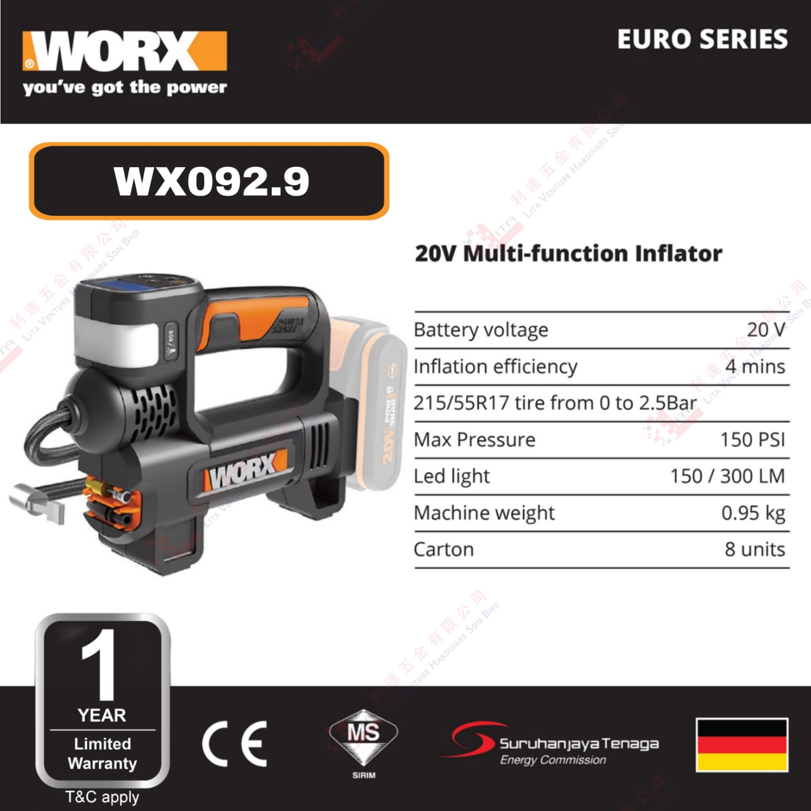 WORX BRAND 20V MULTI FUNCTION INFLATOR - WX092.9